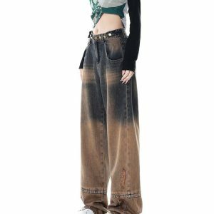 One Way Ticket Brown Aesthetic Jeans - Y2K Vintage Winter Outfits