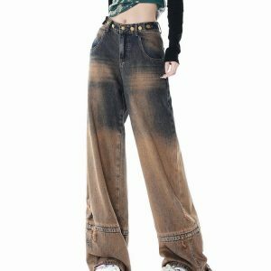 One Way Ticket Brown Aesthetic Jeans - Y2K Vintage Winter Outfits