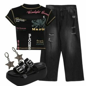 Outfit: Edgy Text Print Keyhole Top + Grunge Distressed Pinstripe Pants + Y2K Vintage Platform Sandals + Earrings