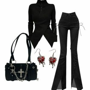 Outfit: Fall Y2K Vintage Lace-Up Flare Jeans & Asymmetrical Sweater Set