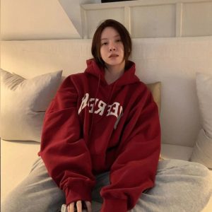 Oversized Maroon Graphic Hoodie - Y2K Vintage Street Style Outfit