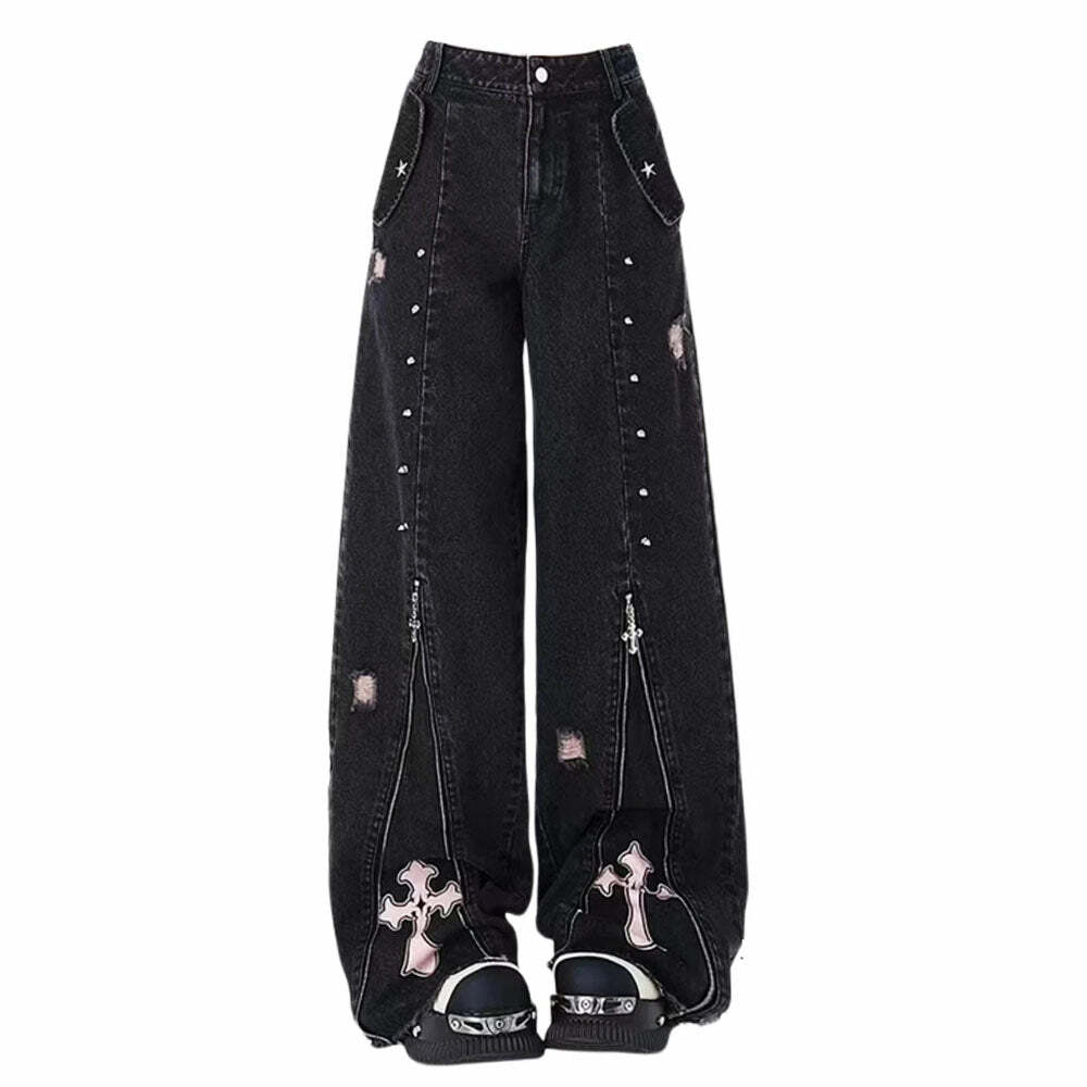 Pastel Goth Cross Baggy Jeans - Y2K Vintage Outfits for Winter Style