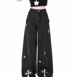 Pastel Goth Cross Baggy Jeans - Y2K Vintage Outfits for Winter Style