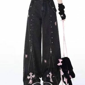 Pastel Goth Cross Baggy Jeans - Y2K Vintage Outfits for Winter Style