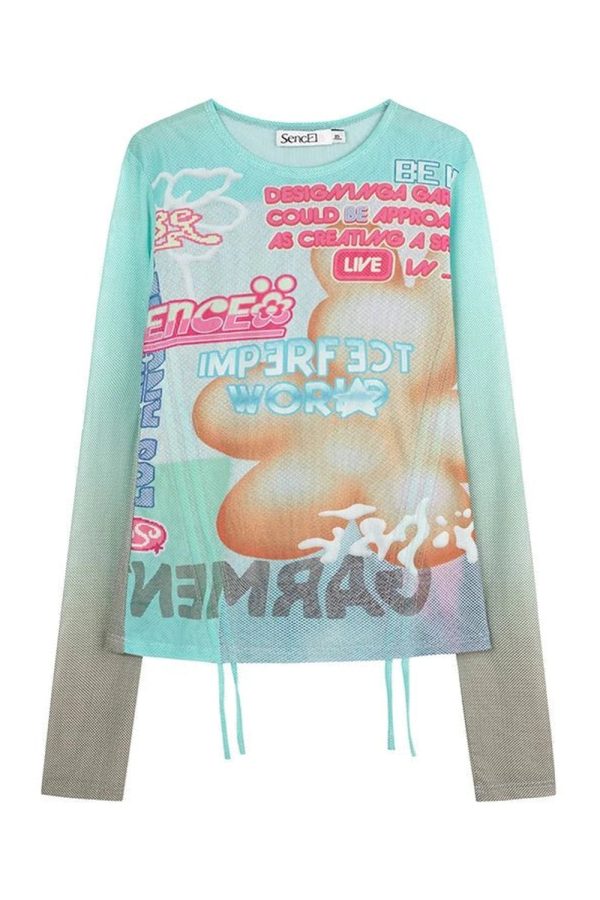 Pastel Graphic Mesh Top - Y2K Vintage Aesthetic Winter Outfit for Women