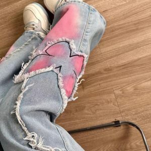 Pink Butterfly Wide Leg Jeans - Y2K Vintage Aesthetic Street Style Outfit