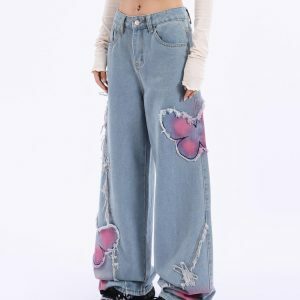 Pink Butterfly Wide Leg Jeans - Y2K Vintage Aesthetic Street Style Outfit