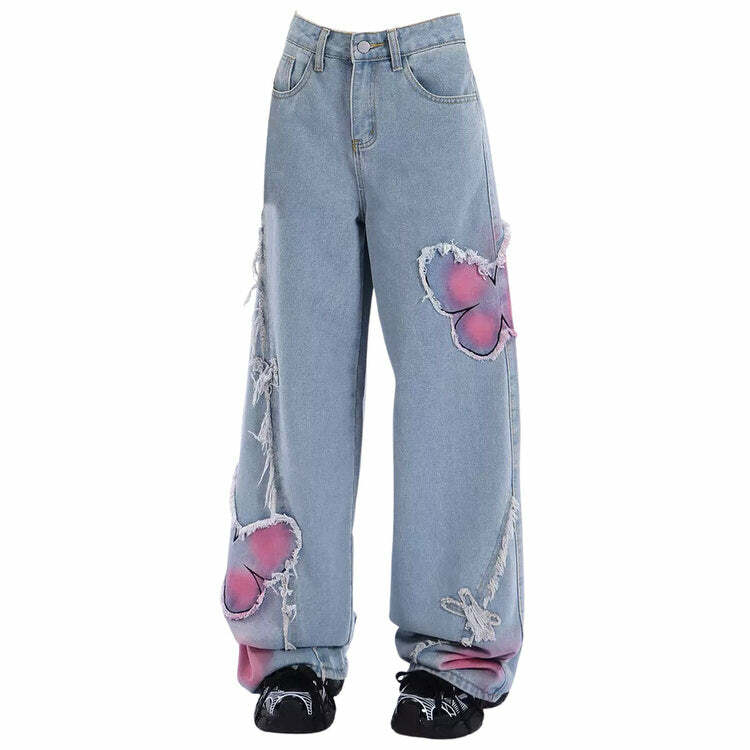 Pink Butterfly Wide Leg Jeans - Y2K Vintage Aesthetic Street Style Outfit