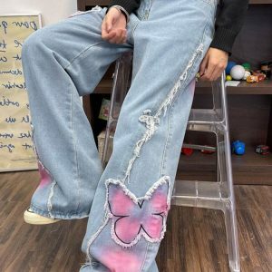 Pink Butterfly Wide Leg Jeans - Y2K Vintage Aesthetic Street Style Outfit