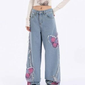 Pink Butterfly Wide Leg Jeans - Y2K Vintage Aesthetic Street Style Outfit