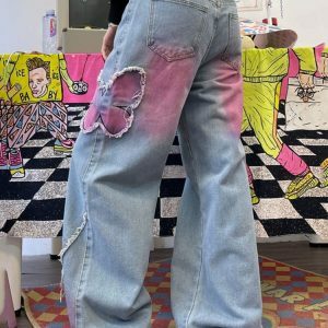 Pink Butterfly Wide Leg Jeans - Y2K Vintage Aesthetic Street Style Outfit