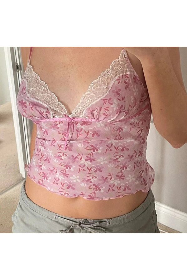 Pink Petal Lace Trim Top - Y2K Vintage Aesthetic Winter Outfit