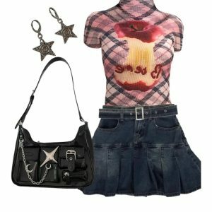 Plaid Applecore Mesh Crop Top & Vintage Pleated Denim Mini Skirt Y2K Outfit