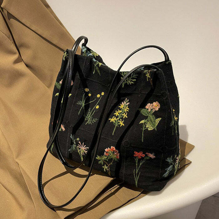 Plant Mom Aesthetic Flower Embroidery Bag | Y2K Vintage Outfits Style