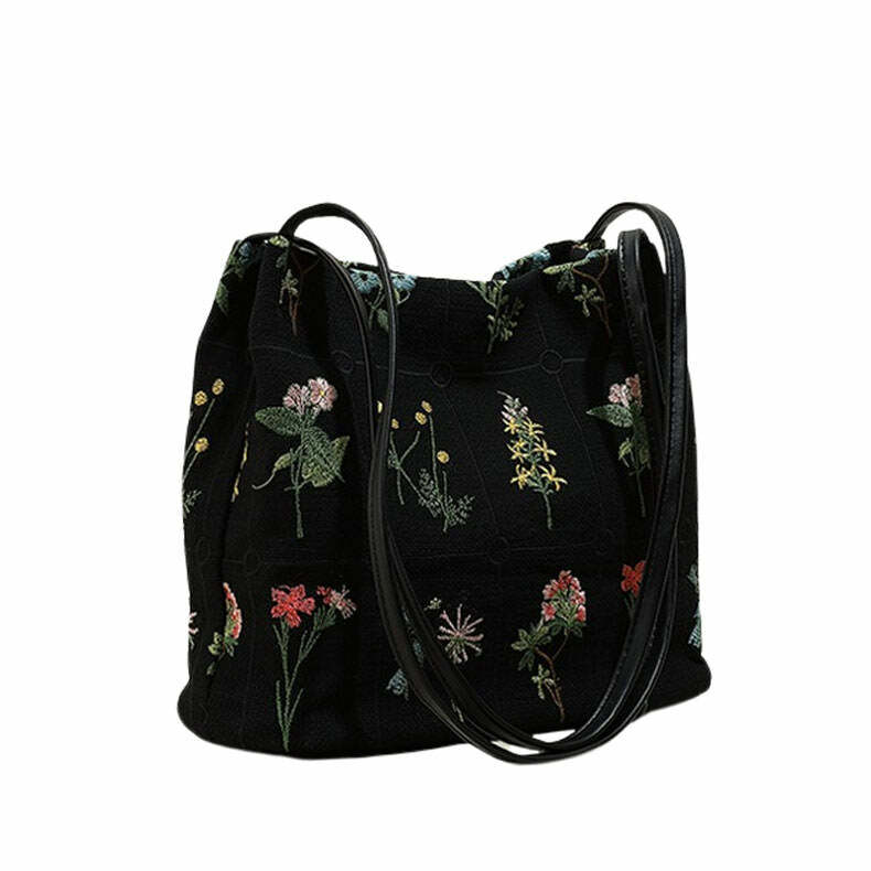 Plant Mom Aesthetic Flower Embroidery Bag | Y2K Vintage Outfits Style