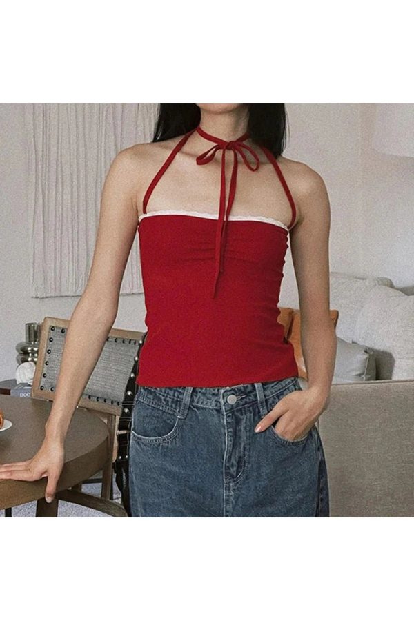 Red Lace-Trim Halter Top - Y2K Vintage Outfits for Winter Aesthetic