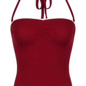 Red Lace-Trim Halter Top - Y2K Vintage Outfits for Winter Aesthetic