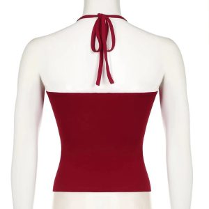 Red Lace-Trim Halter Top - Y2K Vintage Outfits for Winter Aesthetic