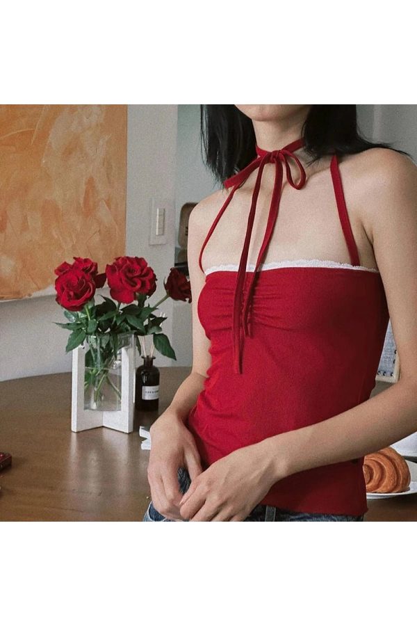 Red Lace-Trim Halter Top - Y2K Vintage Outfits for Winter Aesthetic