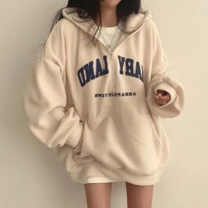 Retro Campus Half-Zip Hoodie - Y2K Vintage Winter Outfit for Women