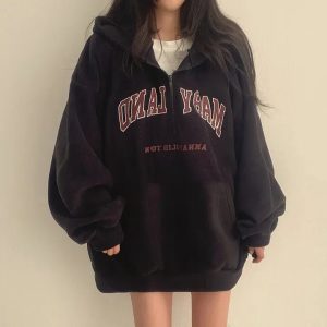 Retro Campus Half-Zip Hoodie - Y2K Vintage Winter Outfit for Women