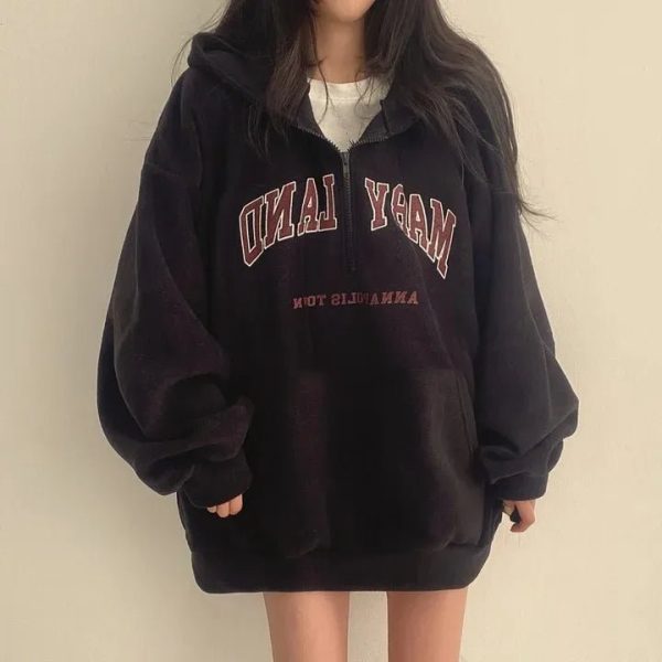 Retro Campus Half-Zip Hoodie - Y2K Vintage Winter Outfit for Women