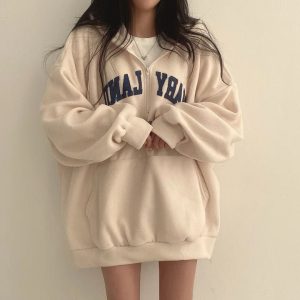 Retro Campus Half-Zip Hoodie - Y2K Vintage Winter Outfit for Women