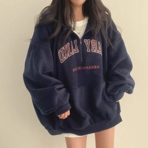 Retro Campus Half-Zip Hoodie - Y2K Vintage Winter Outfit for Women