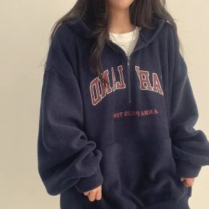 Retro Campus Half-Zip Hoodie - Y2K Vintage Winter Outfit for Women