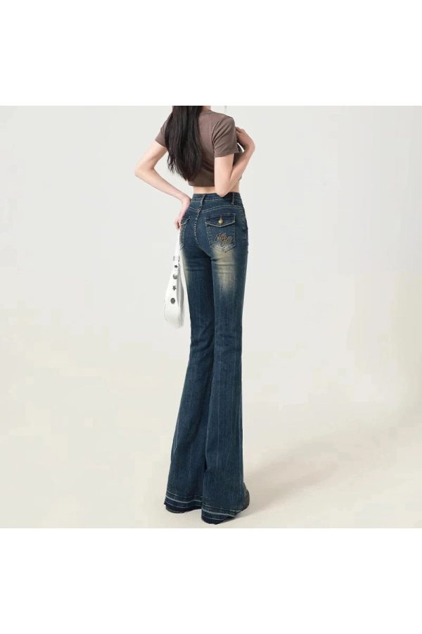 Retro Embroidered Flare Jeans - Y2K Vintage Winter Outfits for Women