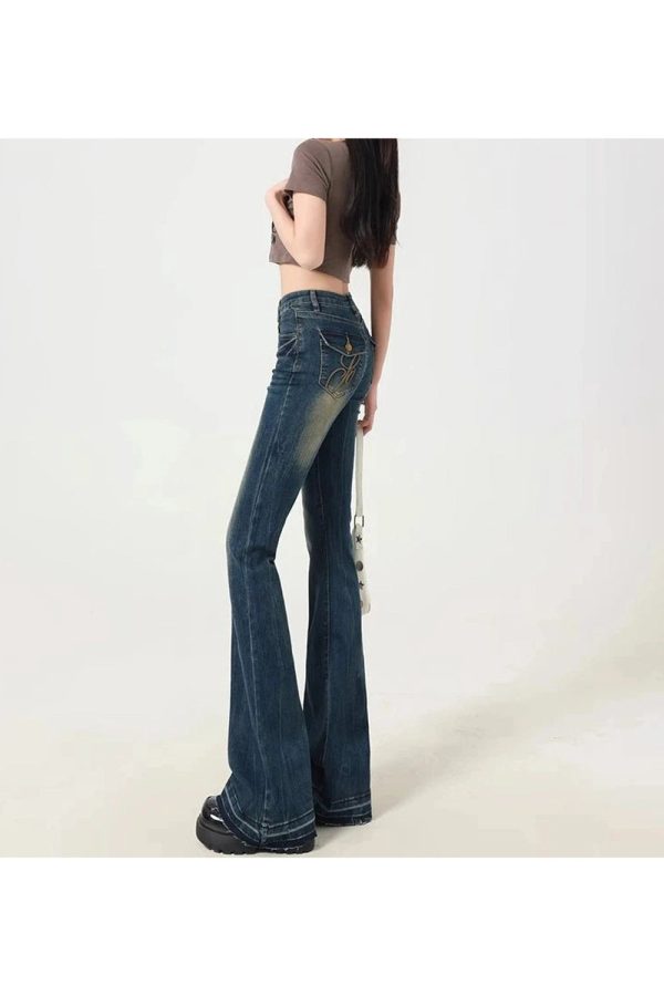 Retro Embroidered Flare Jeans - Y2K Vintage Winter Outfits for Women