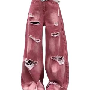 Retro Rose Distressed Baggy Jeans - Y2K Vintage Winter Outfits for Women