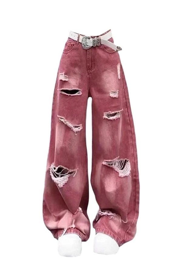 Retro Rose Distressed Baggy Jeans - Y2K Vintage Winter Outfits for Women