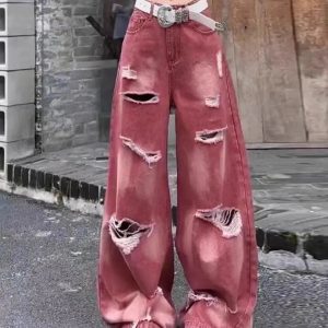 Retro Rose Distressed Baggy Jeans - Y2K Vintage Winter Outfits for Women