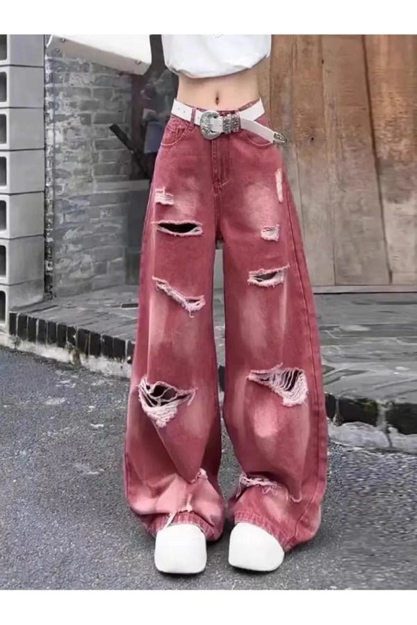 Retro Rose Distressed Baggy Jeans - Y2K Vintage Winter Outfits for Women