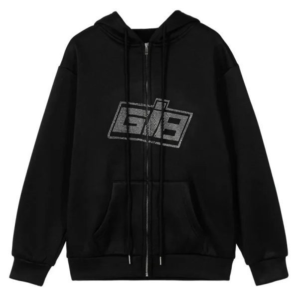 Rhinestone Logo Zip-Up Hoodie | Y2K Vintage Outfits for Winter Style