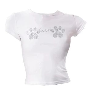 Rhinestone Paw Print Baby Top | Y2K Vintage Outfits for Women