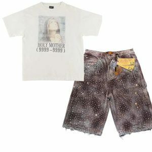 Rhinestone Studded Distressed Denim Shorts & Holy Mother Graphic T-Shirt - Y2K Outfits Vintage Style