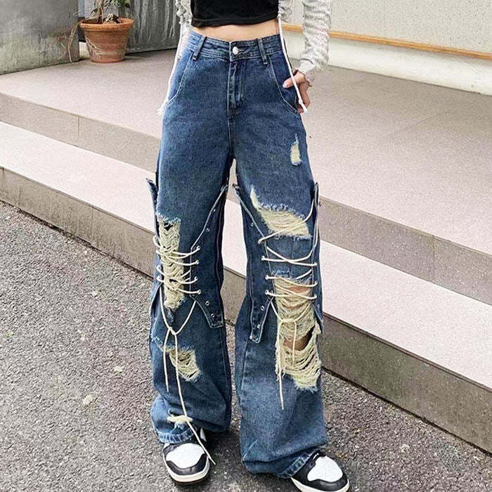 Ripped Lace Up Baggy Jeans - Y2K Vintage Outfits for Winter Street Style