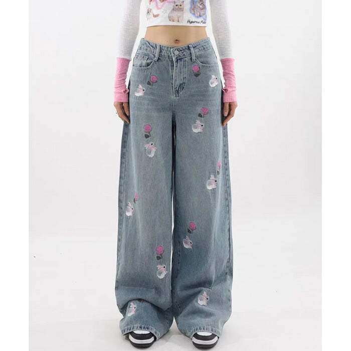 Rose and Bunny Embroidery Jeans - Y2K Vintage Winter Outfits for Women