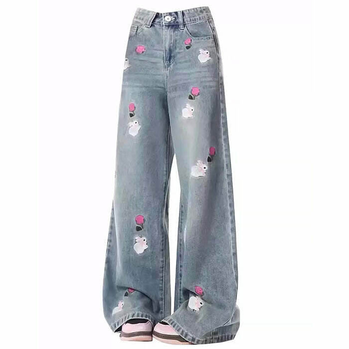 Rose and Bunny Embroidery Jeans - Y2K Vintage Winter Outfits for Women