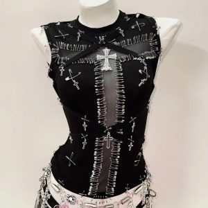 Safety Pin Cross Punk Top - Y2K Vintage Outfits for Winter Street Style