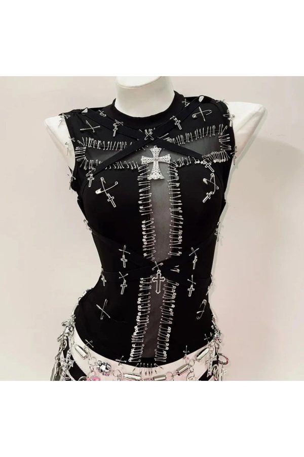 Safety Pin Cross Punk Top - Y2K Vintage Outfits for Winter Street Style