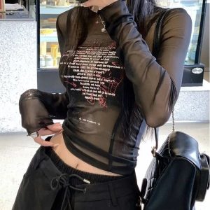 Sheer Black Text Graphic Mesh Top - Y2K Vintage Winter Outfits Aesthetic