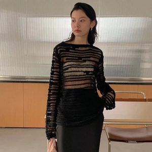 Sheer Shadow Striped Knit Top - Y2K Vintage Outfits for Winter Style