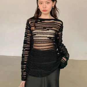 Sheer Shadow Striped Knit Top - Y2K Vintage Outfits for Winter Style