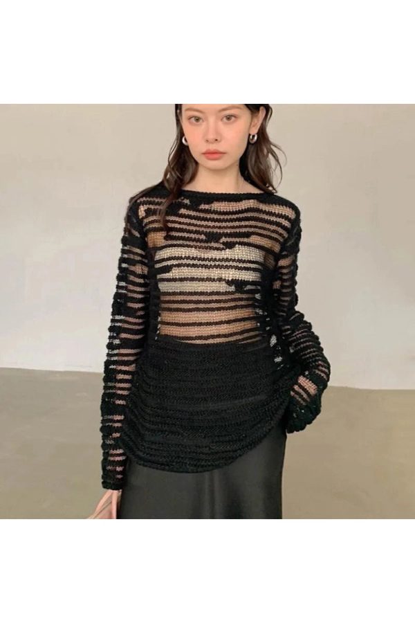 Sheer Shadow Striped Knit Top - Y2K Vintage Outfits for Winter Style