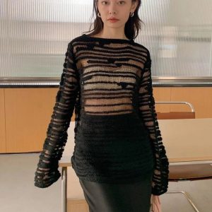 Sheer Shadow Striped Knit Top - Y2K Vintage Outfits for Winter Style