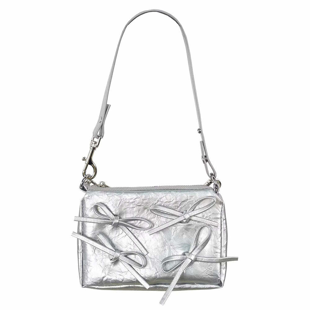 Silver Bows Shoulder Bag | Y2K Vintage Outfits for Winter & Street Style