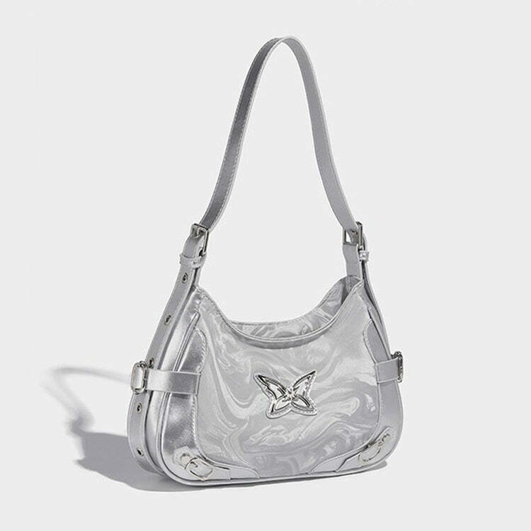 Silver Butterfly Shoulder Bag - Y2K Vintage Aesthetic for Winter Outfits